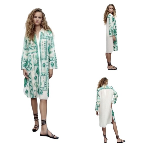 Zara White Green Embroidered Tunic Collared Shirt Dress Boho Cover Up size XL - Picture 4 of 15